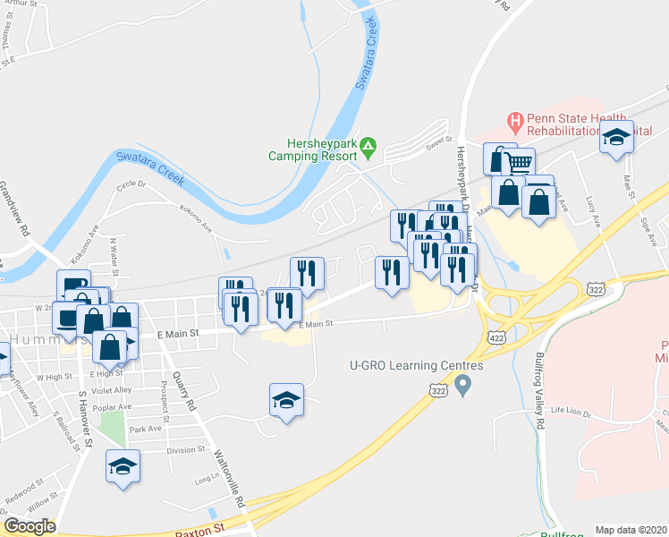 map of restaurants, bars, coffee shops, grocery stores, and more near 135 Townsend Drive in Hummelstown