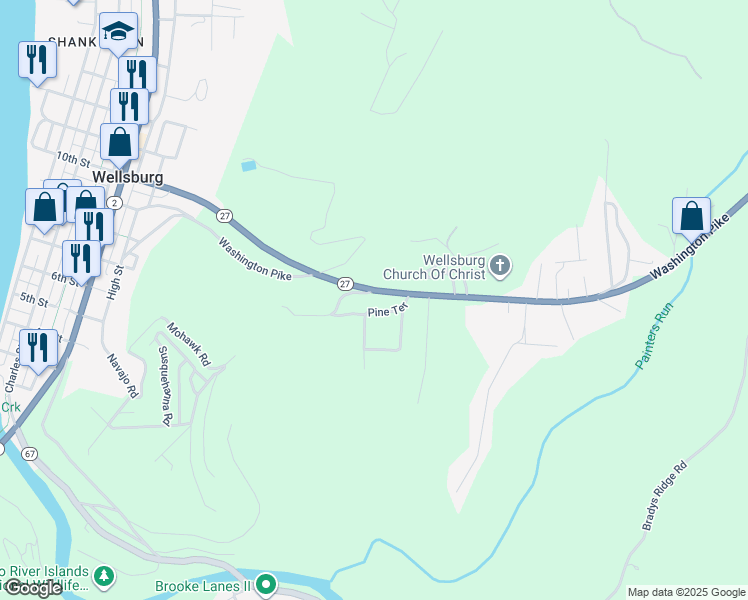 map of restaurants, bars, coffee shops, grocery stores, and more near Logan Road in Wellsburg