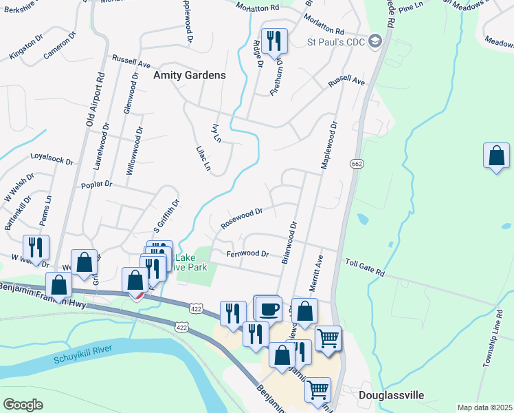 map of restaurants, bars, coffee shops, grocery stores, and more near 739 Rosewood Drive in Douglassville