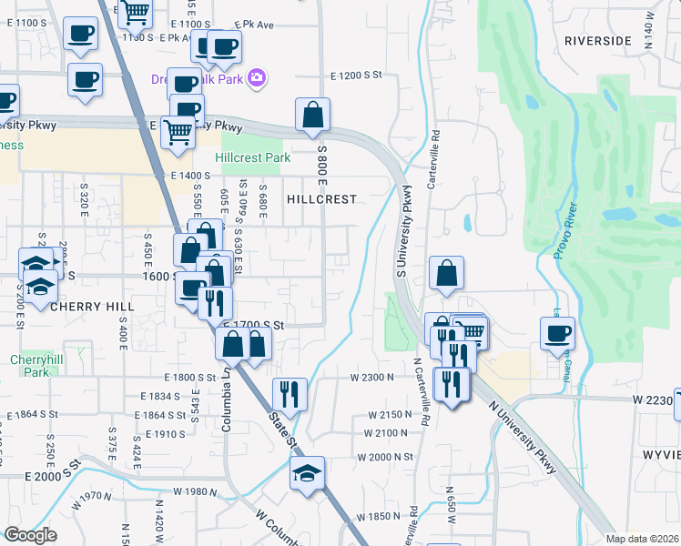 map of restaurants, bars, coffee shops, grocery stores, and more near 1635 South 800 East in Orem