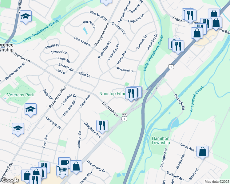 map of restaurants, bars, coffee shops, grocery stores, and more near 1421 Colts Circle in Trenton