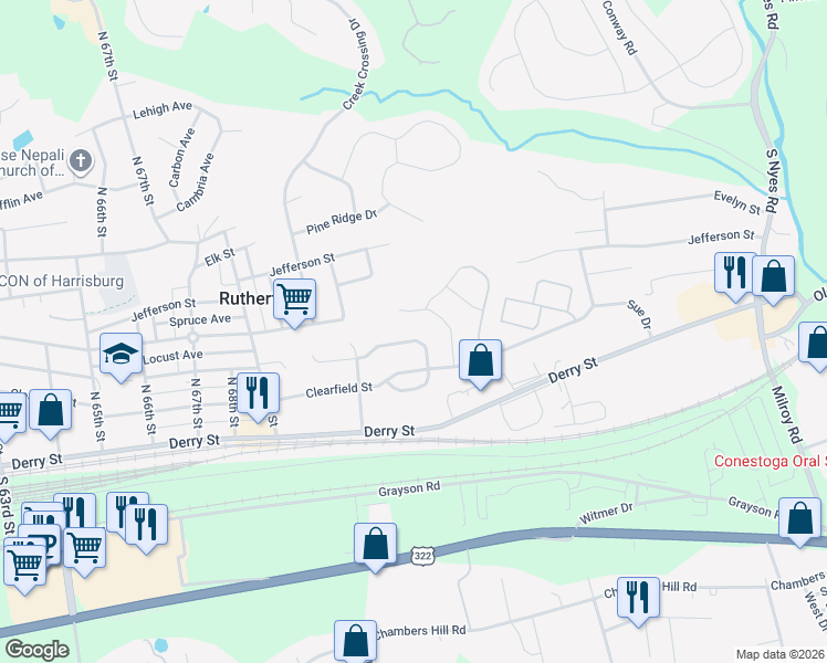 map of restaurants, bars, coffee shops, grocery stores, and more near 7249 Huntingdon Street in Harrisburg