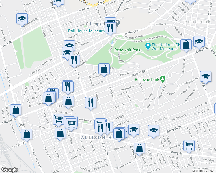 map of restaurants, bars, coffee shops, grocery stores, and more near 1849 Zarker Street in Harrisburg