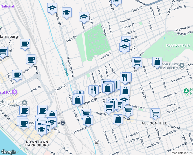 map of restaurants, bars, coffee shops, grocery stores, and more near 1238 Walnut Street in Harrisburg
