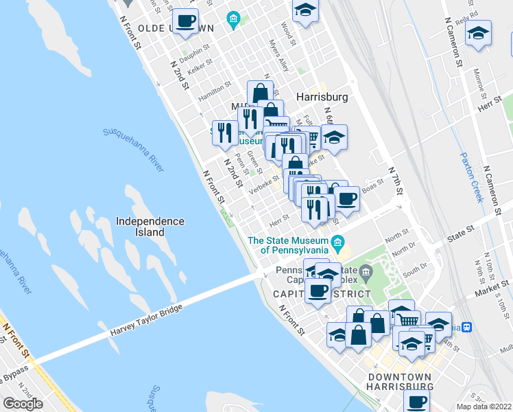 map of restaurants, bars, coffee shops, grocery stores, and more near 116 Cumberland Street in Harrisburg