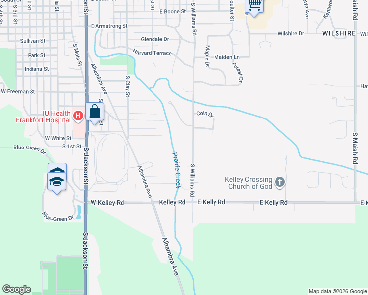 map of restaurants, bars, coffee shops, grocery stores, and more near 1600 South Williams Road in Frankfort