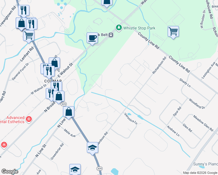 map of restaurants, bars, coffee shops, grocery stores, and more near 104 Crystal Road in Colmar