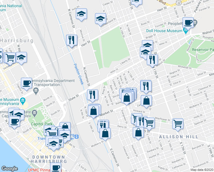 map of restaurants, bars, coffee shops, grocery stores, and more near 135 North Summit Street in Harrisburg