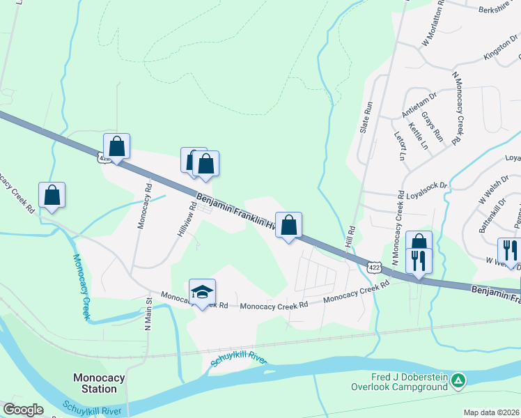 map of restaurants, bars, coffee shops, grocery stores, and more near 656 Benjamin Franklin Highway in Birdsboro