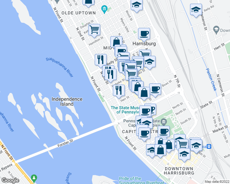 map of restaurants, bars, coffee shops, grocery stores, and more near 1209 North 2nd Street in Harrisburg