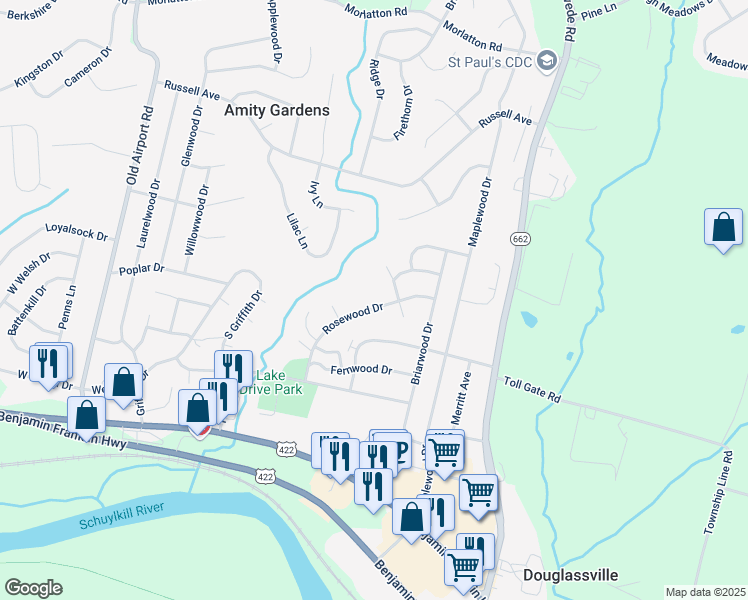 map of restaurants, bars, coffee shops, grocery stores, and more near 739 Rosewood Drive in Douglassville