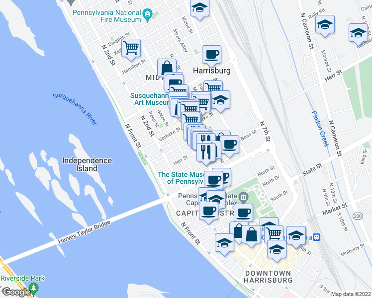 map of restaurants, bars, coffee shops, grocery stores, and more near 257 Sassafras Street in Harrisburg