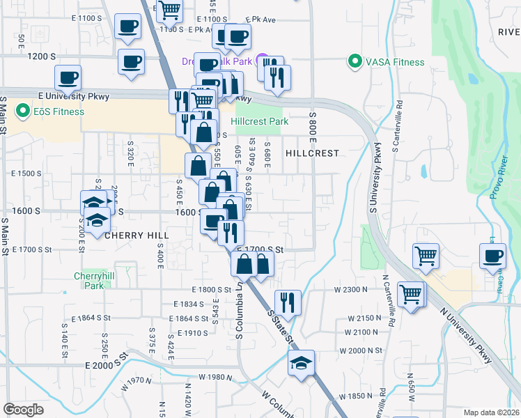 map of restaurants, bars, coffee shops, grocery stores, and more near 669 1600 south in Orem