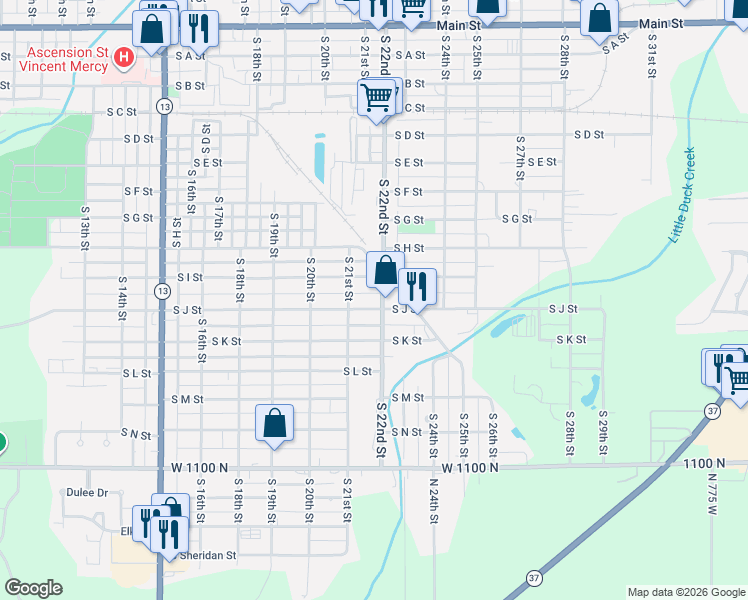 map of restaurants, bars, coffee shops, grocery stores, and more near 2121 South J Street in Elwood