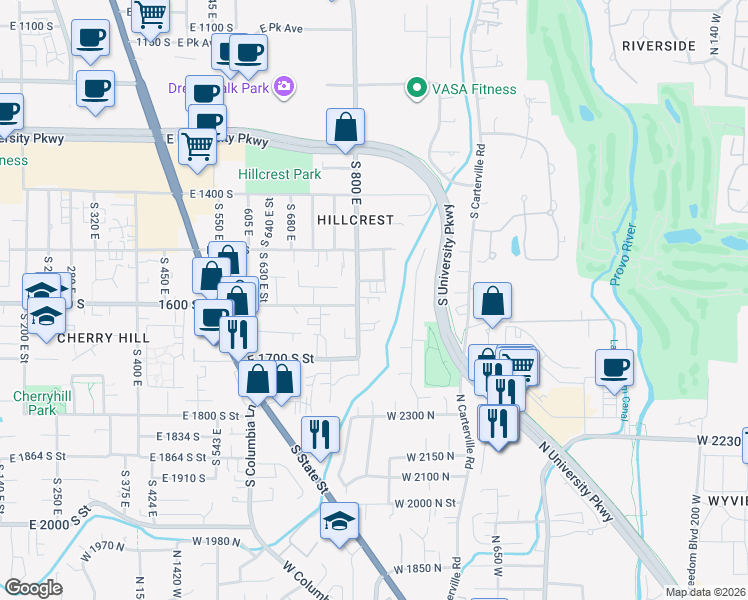 map of restaurants, bars, coffee shops, grocery stores, and more near 1635 South 800 East in Orem