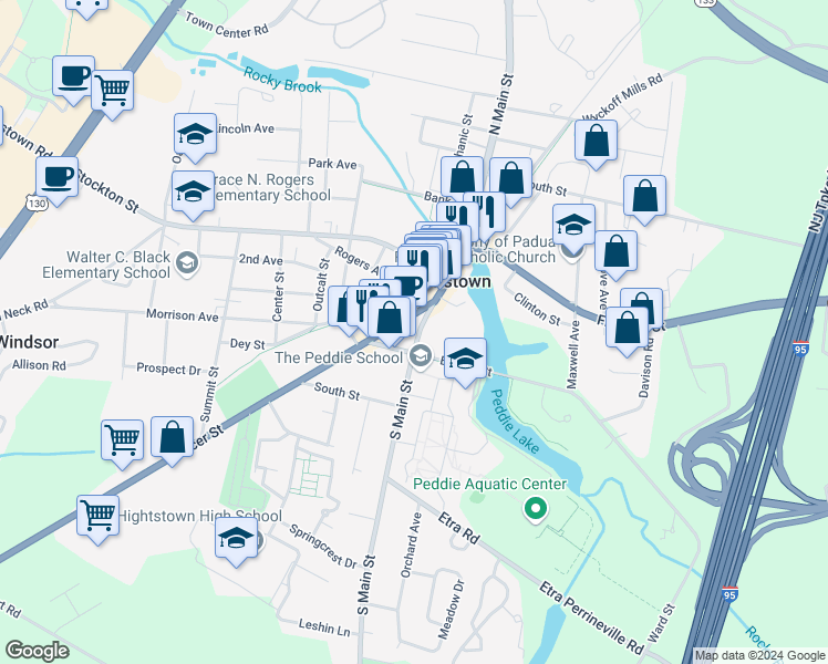 map of restaurants, bars, coffee shops, grocery stores, and more near 156 South Main Street in Hightstown