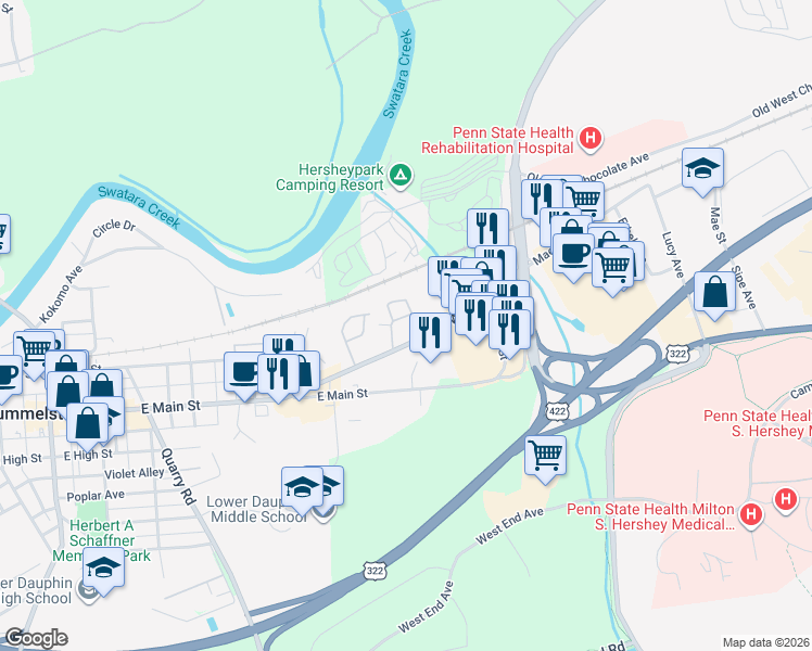 map of restaurants, bars, coffee shops, grocery stores, and more near 548 Walton Avenue in Hummelstown