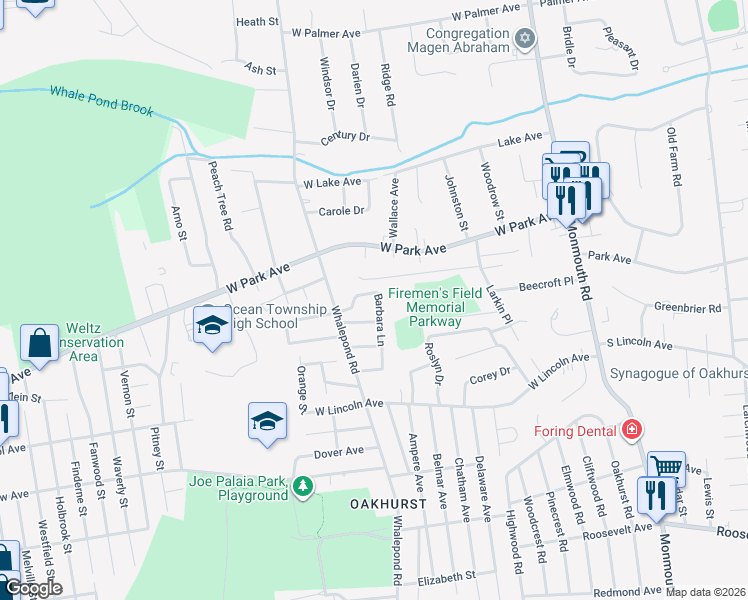 map of restaurants, bars, coffee shops, grocery stores, and more near 21 Barbara Lane in Monmouth County
