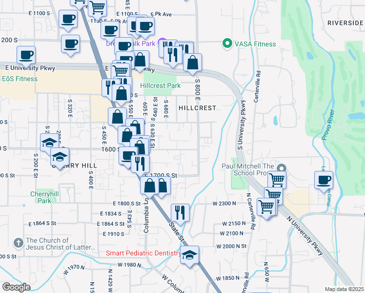map of restaurants, bars, coffee shops, grocery stores, and more near 749 East 1600 South in Orem