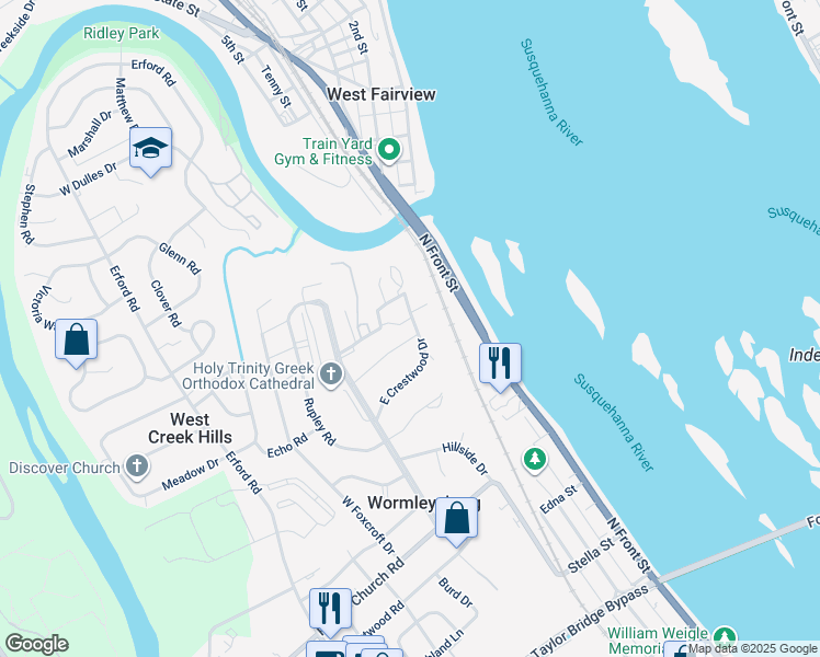 map of restaurants, bars, coffee shops, grocery stores, and more near 401 Meadow Drive in Camp Hill