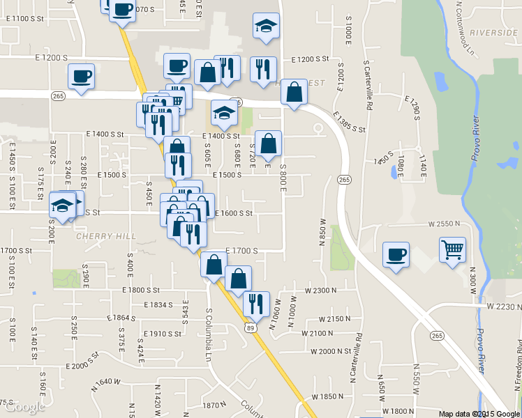 map of restaurants, bars, coffee shops, grocery stores, and more near 749 East 1600 South Street in Orem