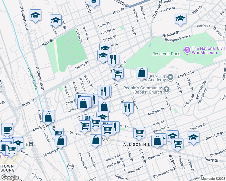 map of restaurants, bars, coffee shops, grocery stores, and more near 1624 Park Street in Harrisburg