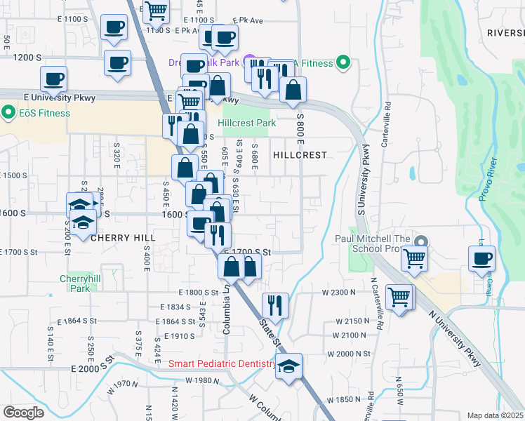 map of restaurants, bars, coffee shops, grocery stores, and more near 691 E 1600 S in Orem