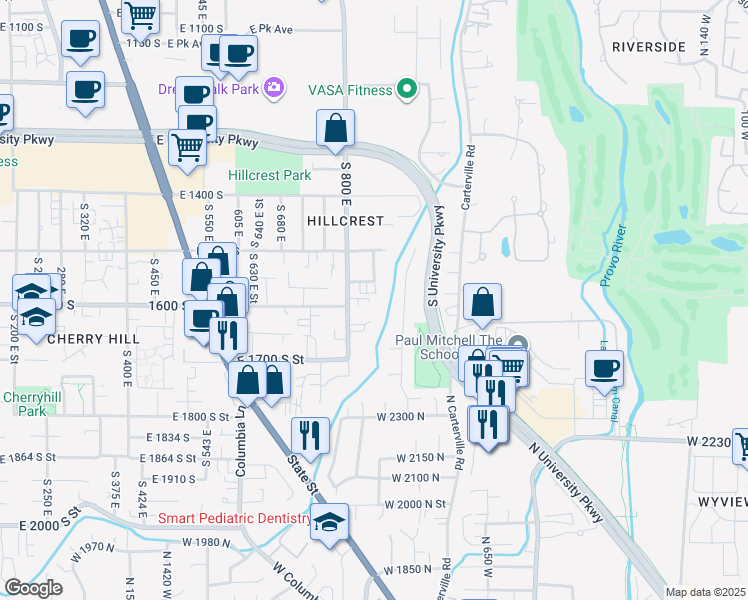 map of restaurants, bars, coffee shops, grocery stores, and more near 1635 South 800 East in Orem