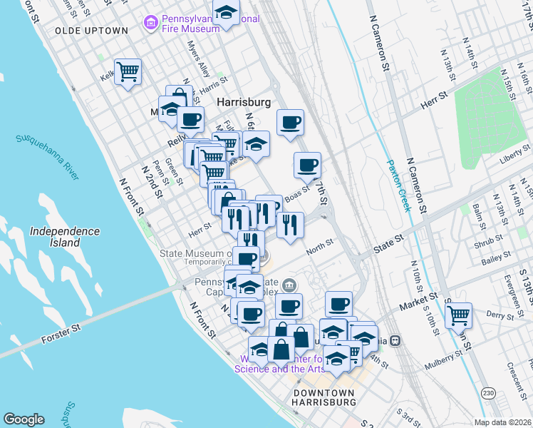 map of restaurants, bars, coffee shops, grocery stores, and more near in Harrisburg