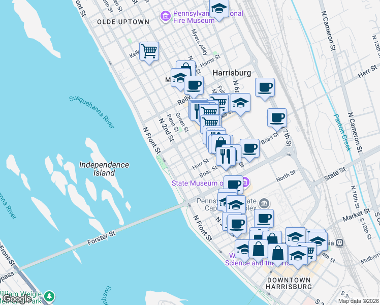 map of restaurants, bars, coffee shops, grocery stores, and more near in Harrisburg