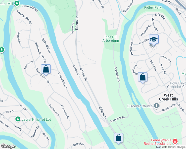 map of restaurants, bars, coffee shops, grocery stores, and more near East Penn Drive in Enola