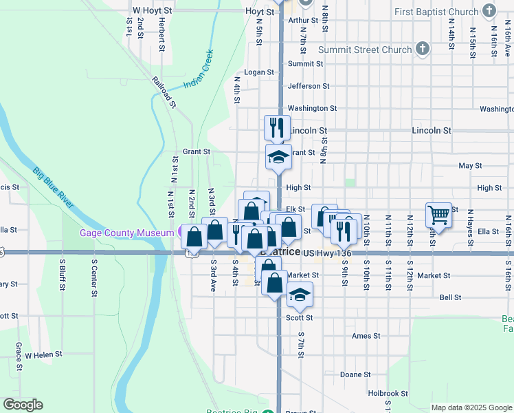 map of restaurants, bars, coffee shops, grocery stores, and more near 215 North 5th Street in Beatrice