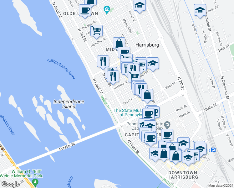 map of restaurants, bars, coffee shops, grocery stores, and more near 1211 North 2nd Street in Harrisburg