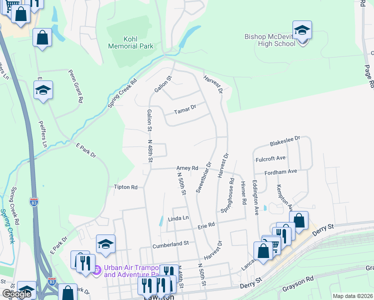 map of restaurants, bars, coffee shops, grocery stores, and more near 5030 Arney Road in Harrisburg