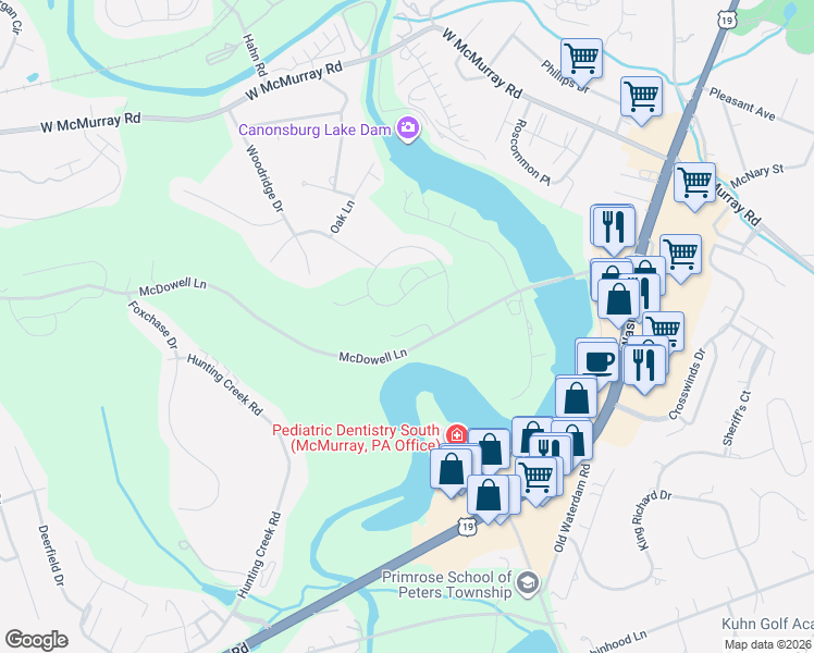 map of restaurants, bars, coffee shops, grocery stores, and more near 259 McDowell Lane in Canonsburg