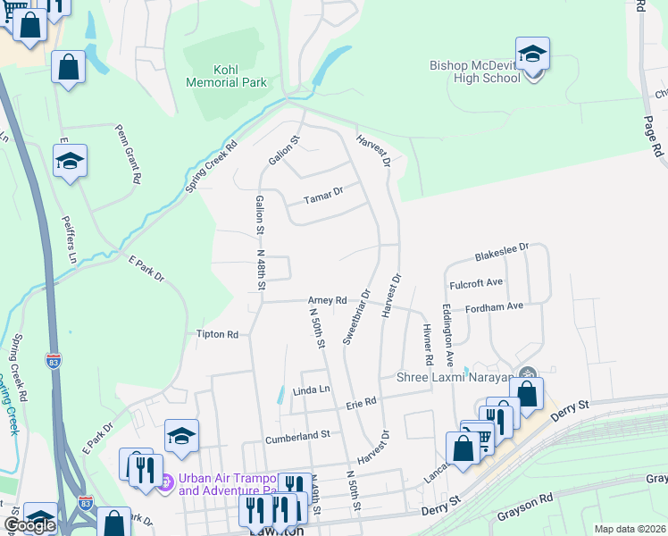 map of restaurants, bars, coffee shops, grocery stores, and more near 5030 Arney Road in Harrisburg