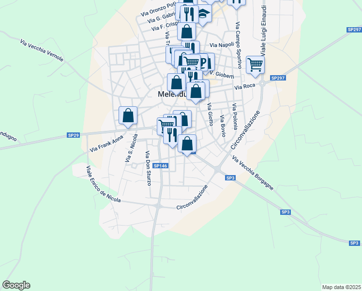 map of restaurants, bars, coffee shops, grocery stores, and more near SP29 in Melendugno