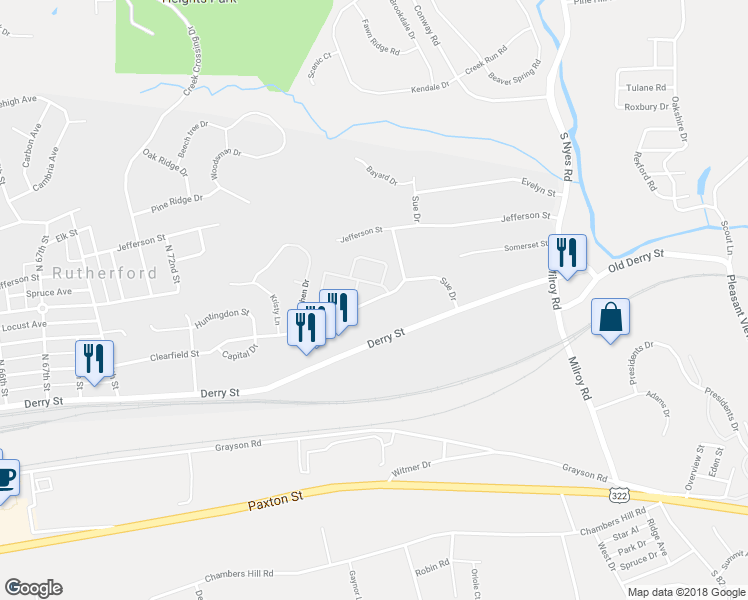 map of restaurants, bars, coffee shops, grocery stores, and more near 7839 Clearfield Street in Harrisburg