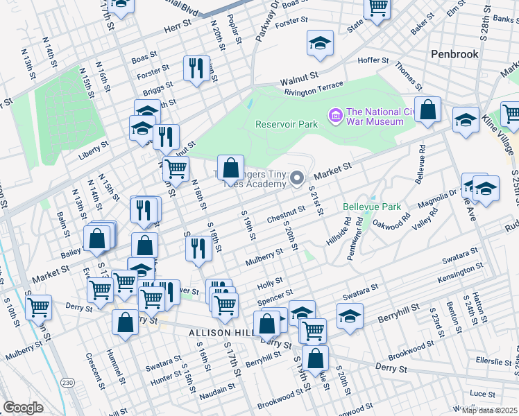 map of restaurants, bars, coffee shops, grocery stores, and more near 1922 Zarker Street in Harrisburg