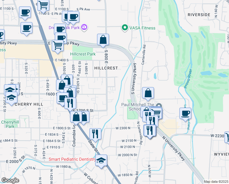 map of restaurants, bars, coffee shops, grocery stores, and more near 1635 South 800 East in Orem