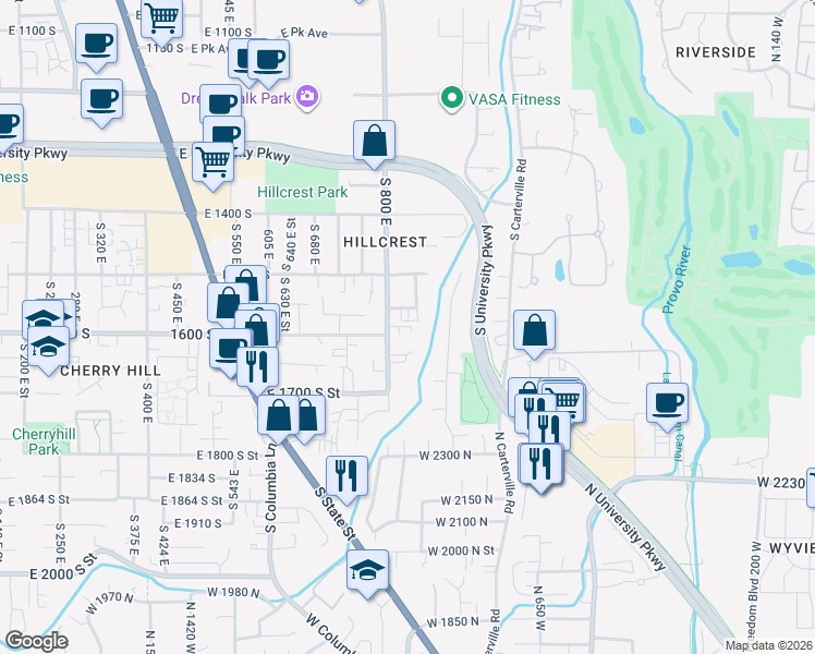 map of restaurants, bars, coffee shops, grocery stores, and more near 1635 South 800 East in Orem