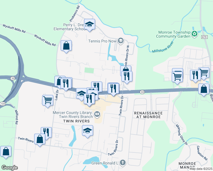 map of restaurants, bars, coffee shops, grocery stores, and more near 681 New Jersey 33 in East Windsor