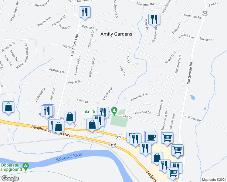 map of restaurants, bars, coffee shops, grocery stores, and more near 5 Spruce Court in Douglassville
