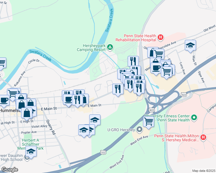 map of restaurants, bars, coffee shops, grocery stores, and more near 480 Walton Avenue in Hummelstown