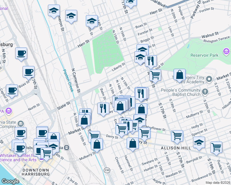 map of restaurants, bars, coffee shops, grocery stores, and more near 51 North 13th Street in Harrisburg