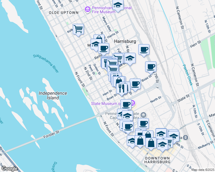 map of restaurants, bars, coffee shops, grocery stores, and more near 1110 Penn Street in Harrisburg