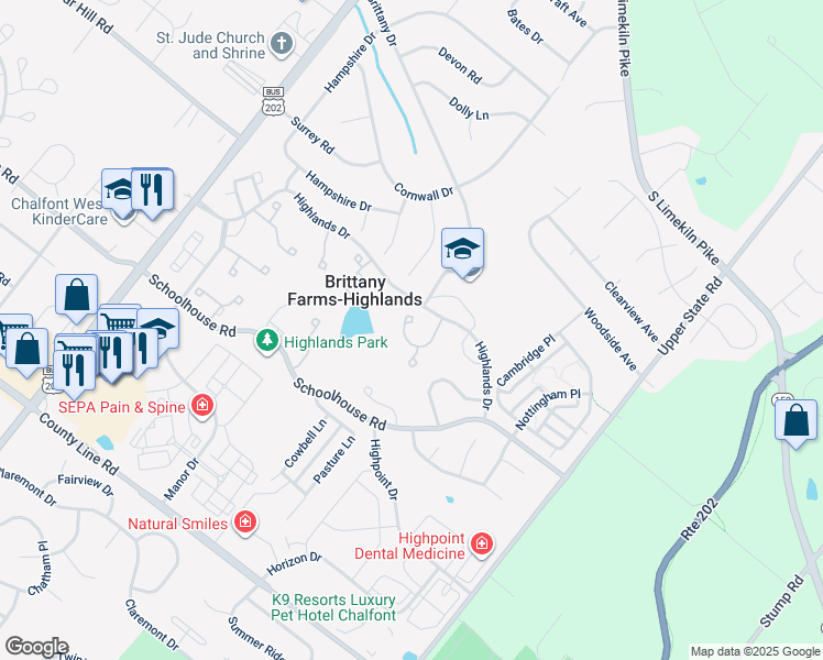 map of restaurants, bars, coffee shops, grocery stores, and more near 223 Inverness Circle in Chalfont