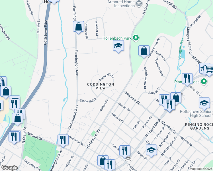 map of restaurants, bars, coffee shops, grocery stores, and more near 125 Stone Hill Drive in Pottstown