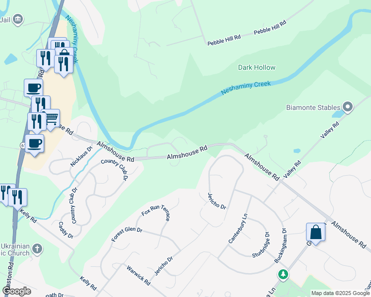 map of restaurants, bars, coffee shops, grocery stores, and more near 54 Bogey Circle in Doylestown