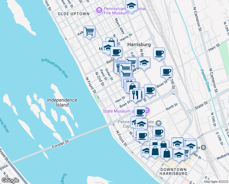 map of restaurants, bars, coffee shops, grocery stores, and more near 222 Cumberland Street in Harrisburg